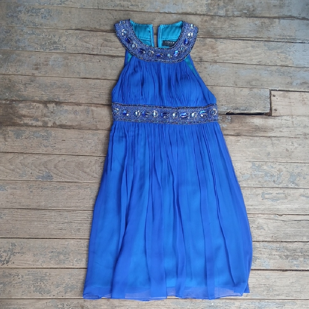 Aidan Mattox Nightline Blue Chiffon Beaded Blue N White Glass Halter Dress